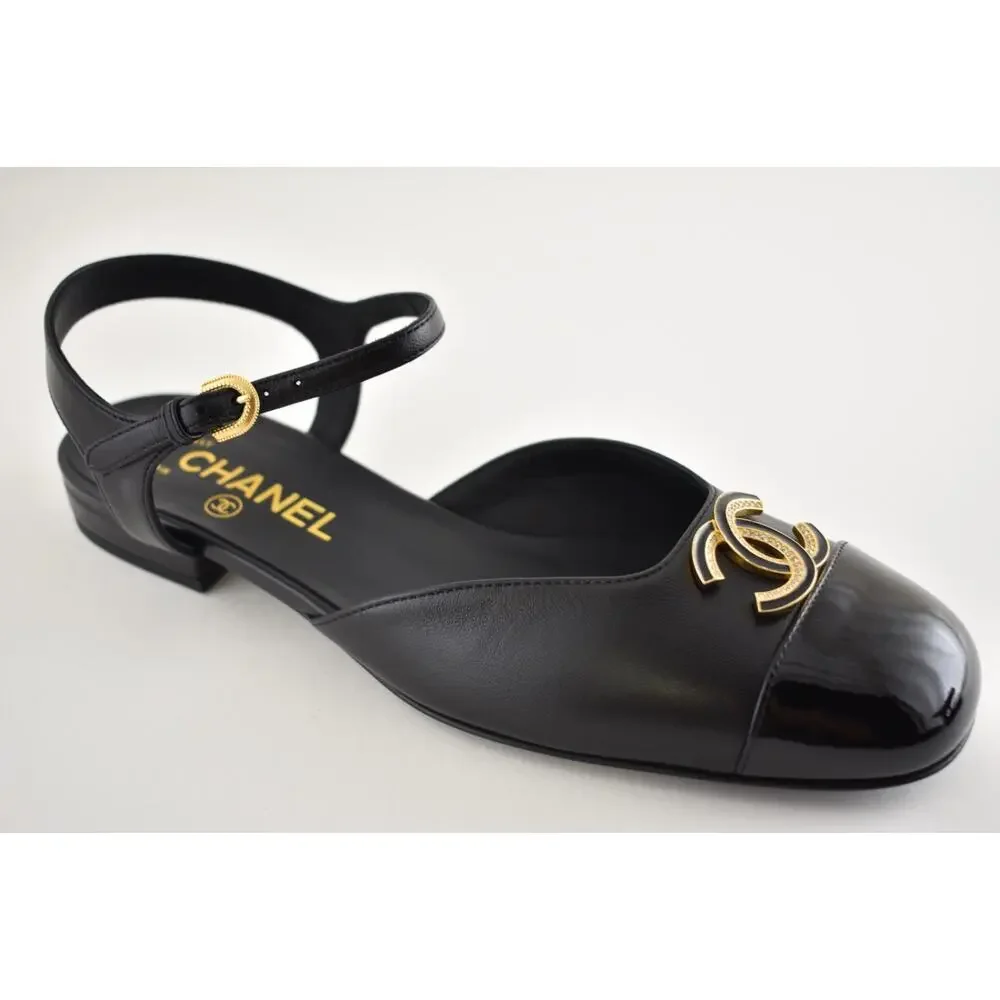 Chanel 25P Black Patent Gold CC Slingback Ankle Strap Ballerina Ballet Flat 36C
